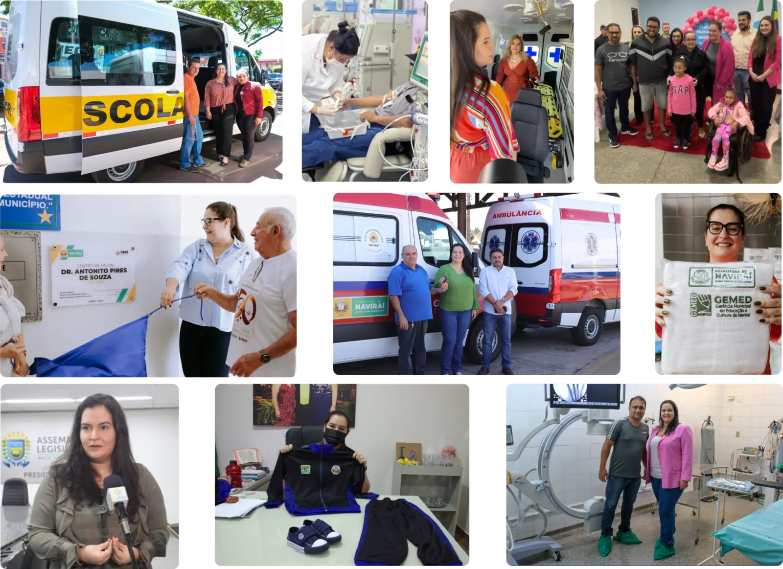 Mosaico de fotos das realizações da gestão de Rhaiza Matos em Naviraí